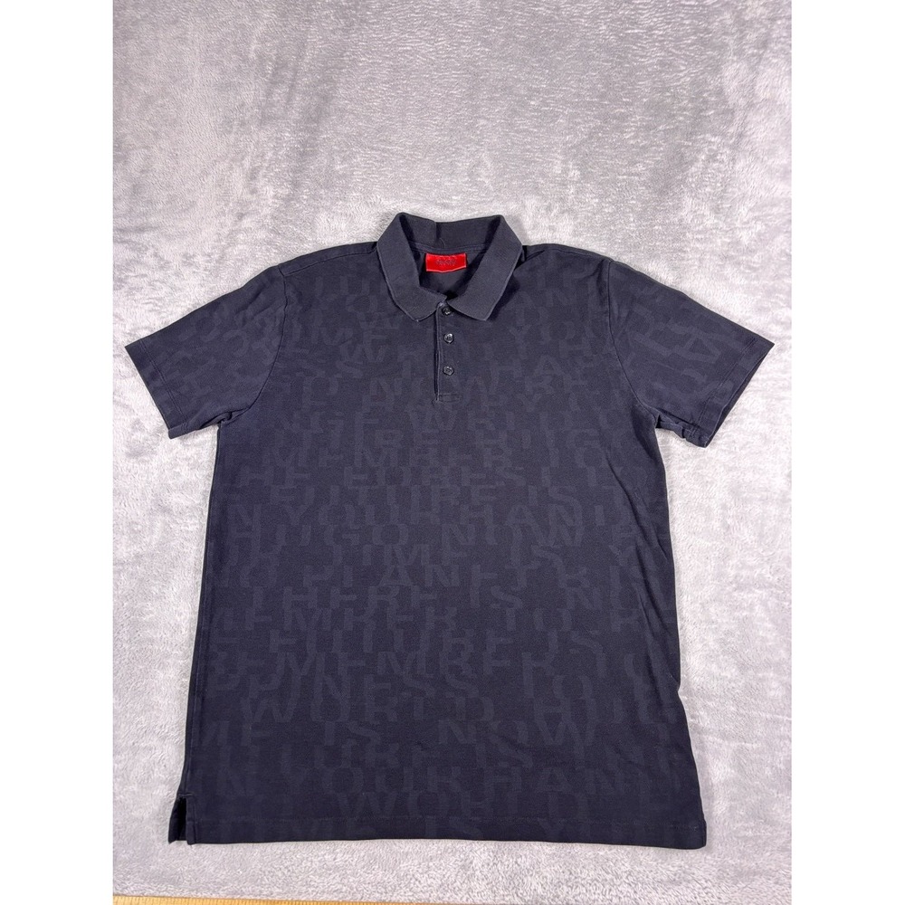 HUGO Polo Mens M Black AOP Geometric Short Sleeve Side Vents